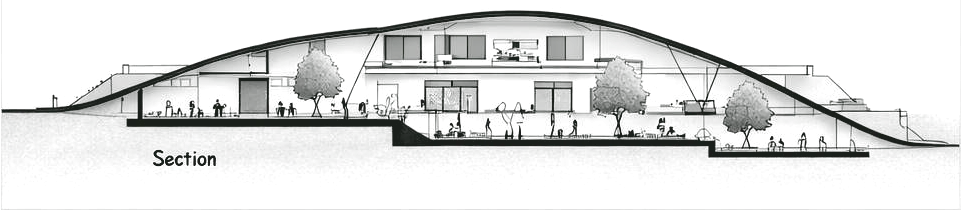 Long-section sketch of a commercial pavilion — hospitality & institutional architect, Karnataka