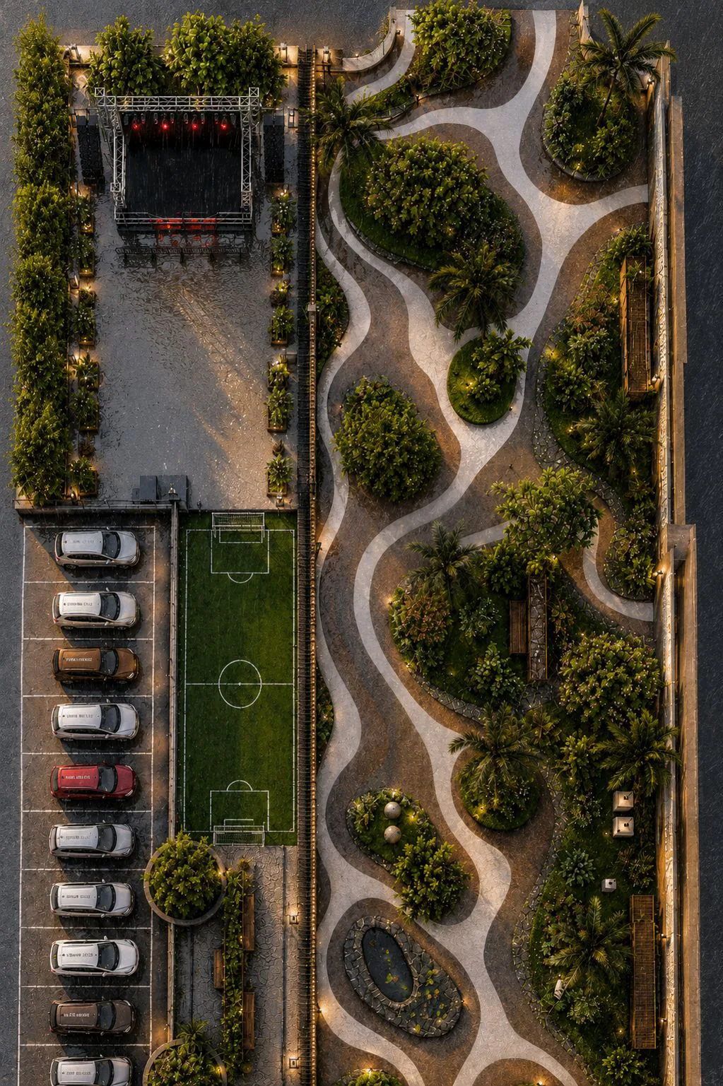 Aerial 3D render visualising a landscape architecture project in Mysuru, Karnataka